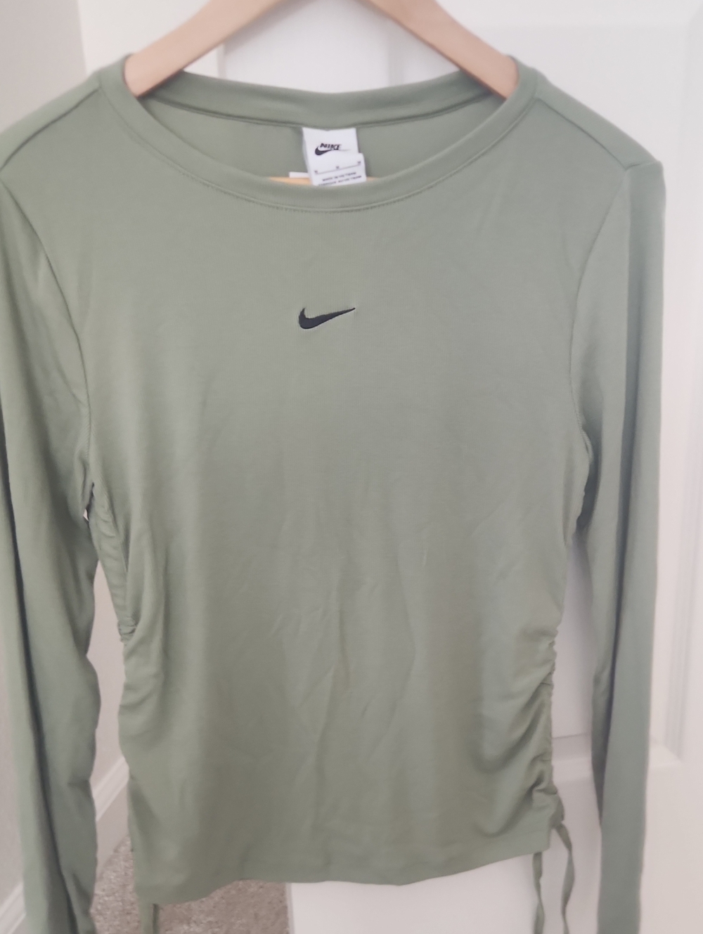 Nike Women's Sage Green Long Sleeve Ruched Side Athletic Top